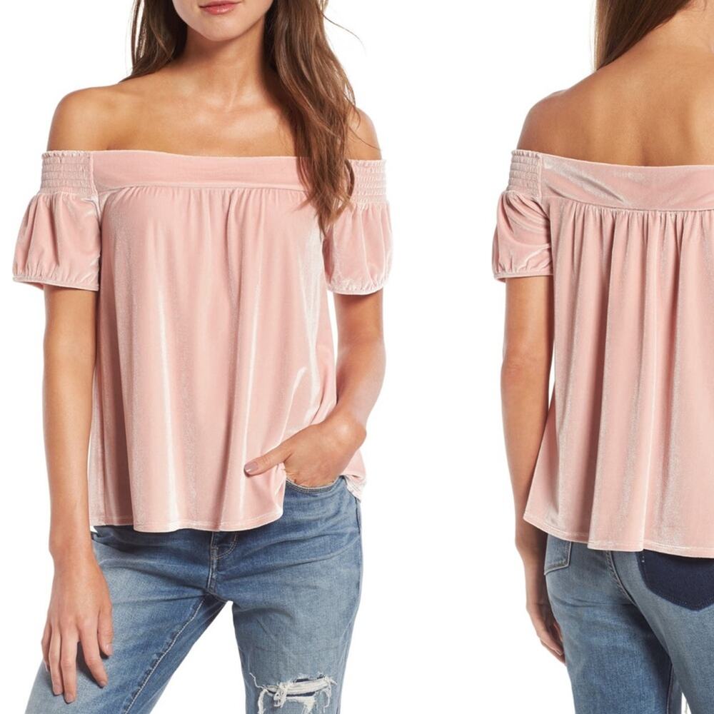 Hinge Off the Shoulder Velvet Valentine Short Sleeve Top Pink Women Size Small